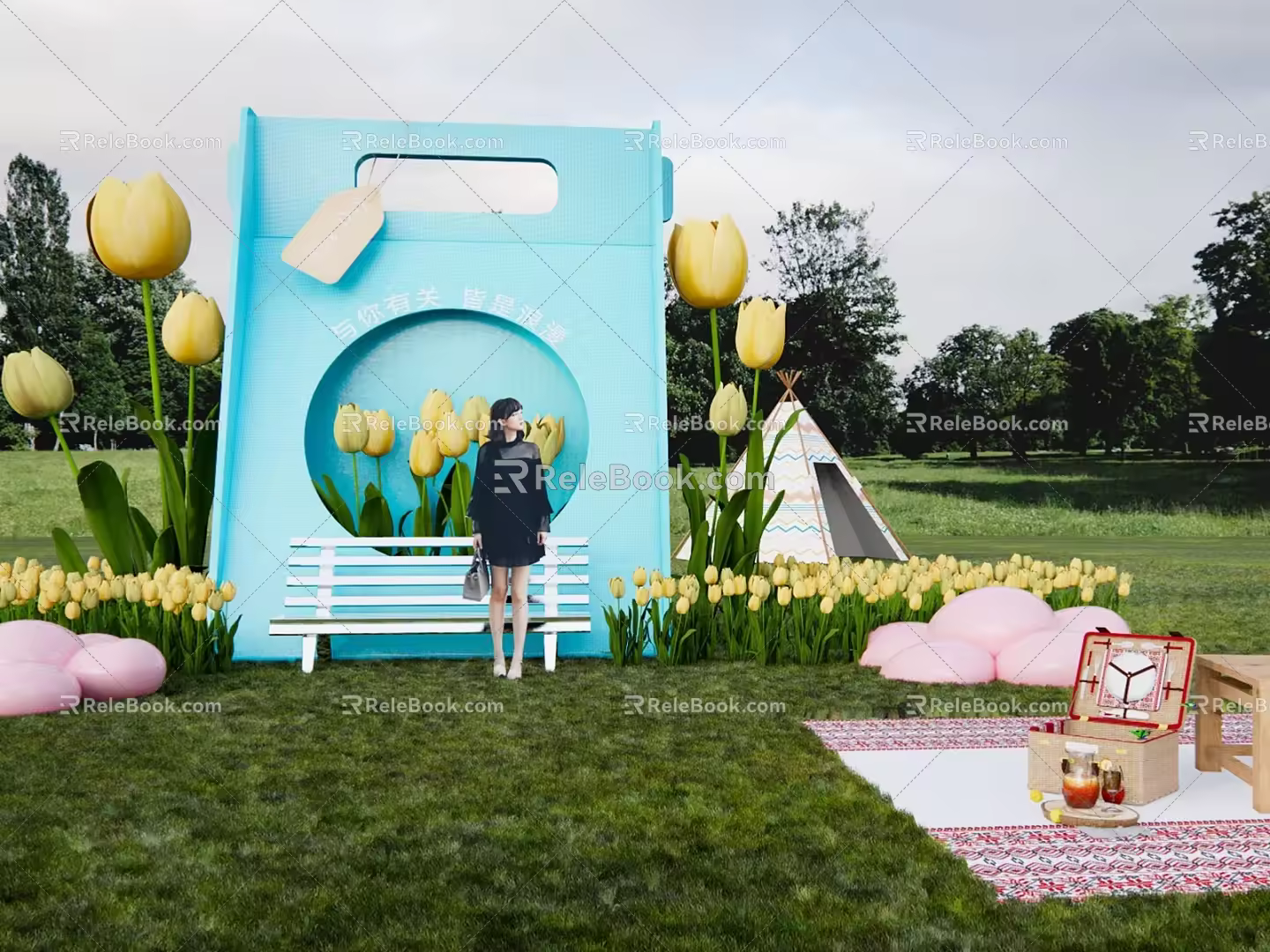 Tulip Flower Pushcard Point Shopping Mall Romantic Spring US Chen Net Red Pushcard Photo DP Art Device Flower Sea Layout Shopping Bag Activity Festival 3d model