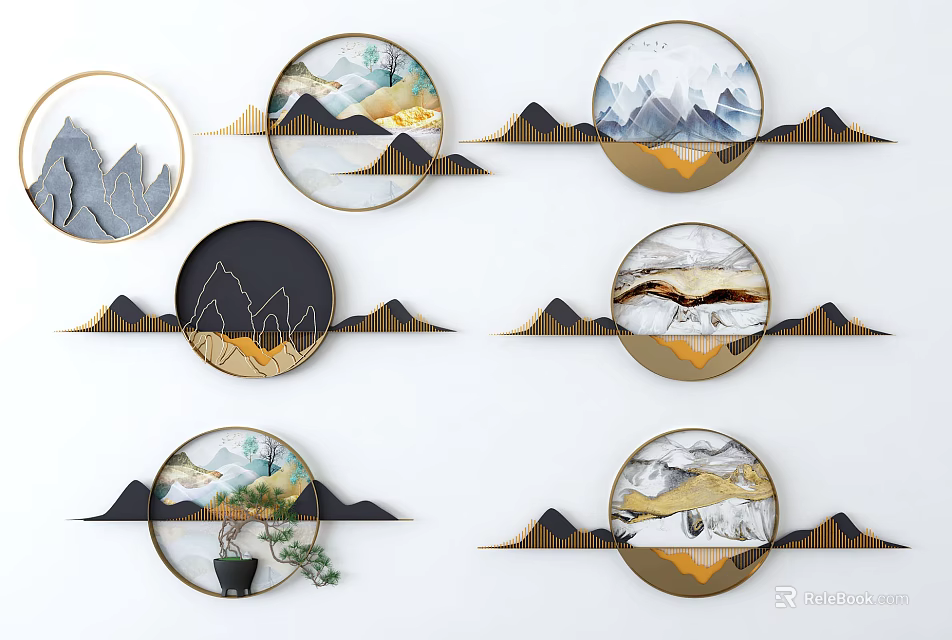 Modern Luxury Round Wall Decor With Mountain Landscape And Metal Frames 3d model
