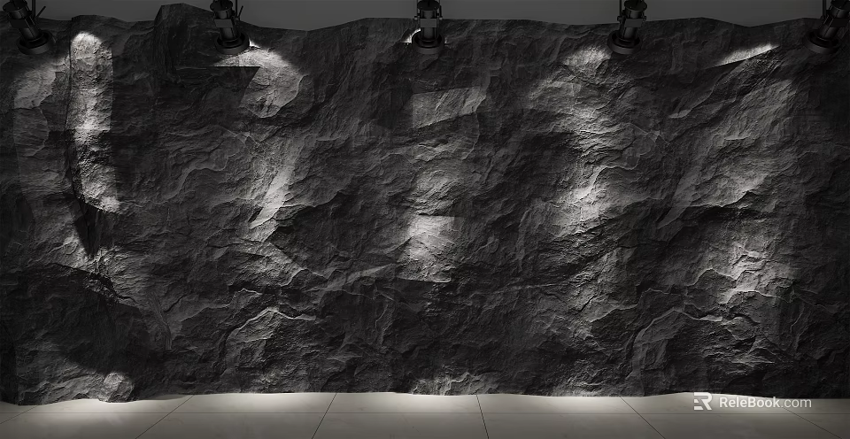 Modern Rock Texture Background Wall With Ceiling Spotlights And Lighting Effects 3d model 