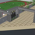 Modern Entrance Gate With Brick Structure Circular Logo Side Pillars And Front Trees
