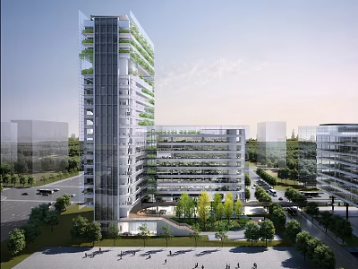 Modern Multi Storey Office Building With Glass Facade And Greenery Surroundings 3d model