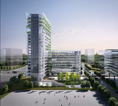 Modern Multi Storey Office Building With Glass Facade And Greenery Surroundings 3d model