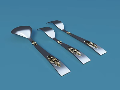 Elegant Silver Spoon Set With Three Pieces And Golden Decorative Handles 3d model