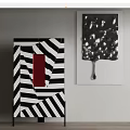 Modern Decorative Cabinet With Black And White Striped Design Red Panel And Metallic Artwork