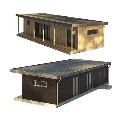 Modern Wooden House Exterior Design With Flat Roof Large Windows And Porch 3d model