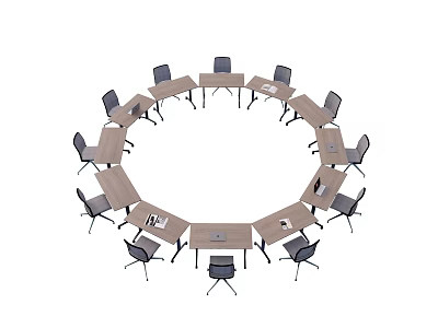 Circular Office Desk Arrangement With Multiple Desks And Surrounding Workstation Chairs 3d model