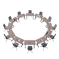 Circular Office Desk Arrangement With Multiple Desks And Surrounding Workstation Chairs