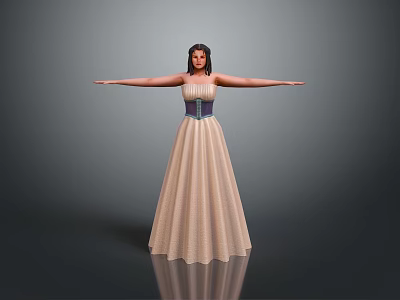 Elegant Woman Standing In Beige Long Dress With Arms Outstretched On Reflective Grey Floor 3d model