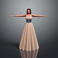Elegant Woman Standing In Beige Long Dress With Arms Outstretched On Reflective Grey Floor