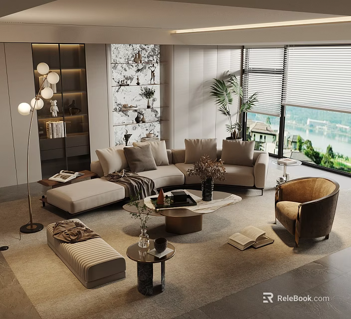 Modern Sectional Sofa Coffee Table Combination with Potted Plants Floor Lamp and Decorative Rug 3d model 