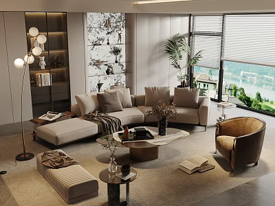 Modern Sectional Sofa Coffee Table Combination with Potted Plants Floor Lamp and Decorative Rug 3d model