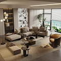 Modern Sectional Sofa Coffee Table Combination with Potted Plants Floor Lamp and Decorative Rug