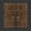 Rustic Wooden Double Door Cabinet With Carved Patterns Metal Ring Handles And Strips Decoration