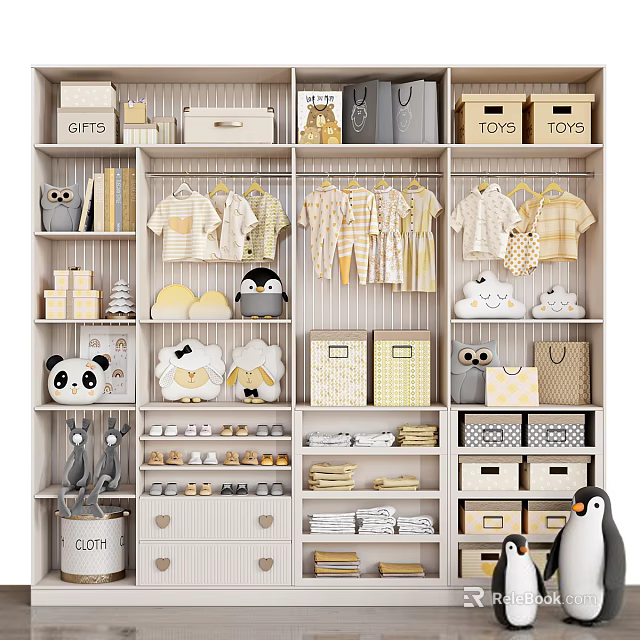 Organized Baby Wardrobe Interior with Clothes Toys Storage Boxes and Stuffed Animals 3d model 