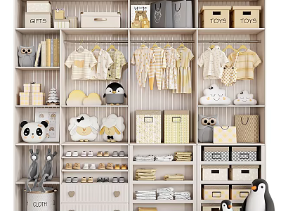 Organized Baby Wardrobe Interior with Clothes Toys Storage Boxes and Stuffed Animals 3d model
