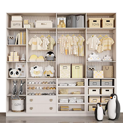 Organized Baby Wardrobe Interior with Clothes Toys Storage Boxes and Stuffed Animals 3d model