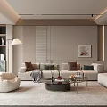 Modern Minimalist Living Room Interior With Beige Sofa Round Bean Bag And Glass Coffee Table