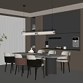 Modern Restaurant Interior With Open Kitchen Marble Dining Table Black Cabinets And Pendant Lights 3d model