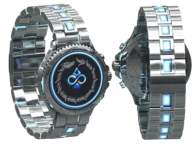 Modern Silver Metal Link Strap Watch With Blue Light Accents Round Dial And Logo 3d model