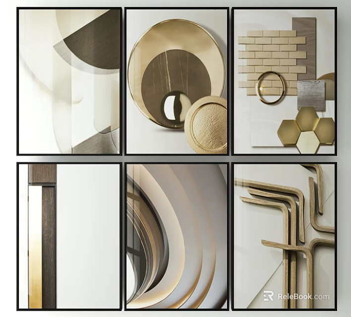 Modern Abstract Geometric Decorative Art With Metallic Textures And Framed Panels 3d model