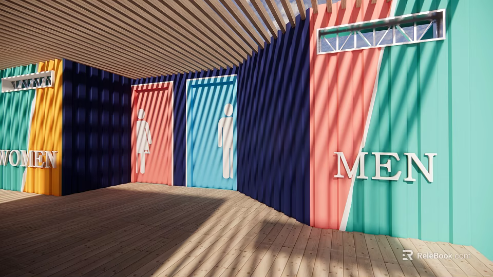 Colorful Public Restroom With Gender Symbols Wooden Floor And Overhead Shelter 3d model 