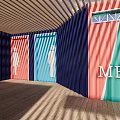 Colorful Public Restroom With Gender Symbols Wooden Floor And Overhead Shelter