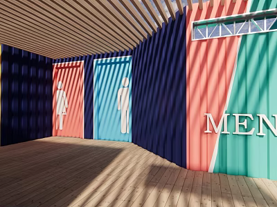 Colorful Public Restroom With Gender Symbols Wooden Floor And Overhead Shelter 3d model