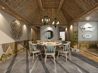 Traditional Bamboo Restaurant Interior With Round Dining Table Wooden Chairs Chandeliers And Green Plants 3d model