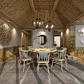 Traditional Bamboo Restaurant Interior With Round Dining Table Wooden Chairs Chandeliers And Green Plants