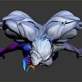 3D Rendered Fantasy Female Character with White Hair Blue Horn Purple Blue Outfit Red Decoration