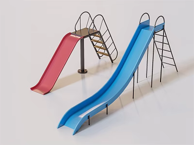 Red And Blue Outdoor Playground Slides With Metal Frame And Ladder Steps 3d model