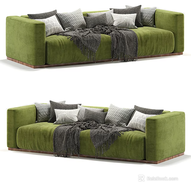 Modern Green Sectional Sofa with Gray Pillows and Soft Blanket 3d model