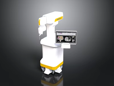 Mobile Medical Device With White And Yellow Design Display Screen And Wheels 3d model
