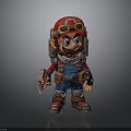 Cartoon Worker Character Wearing Blue Overalls Red Hard Hat Goggles Holding Tool