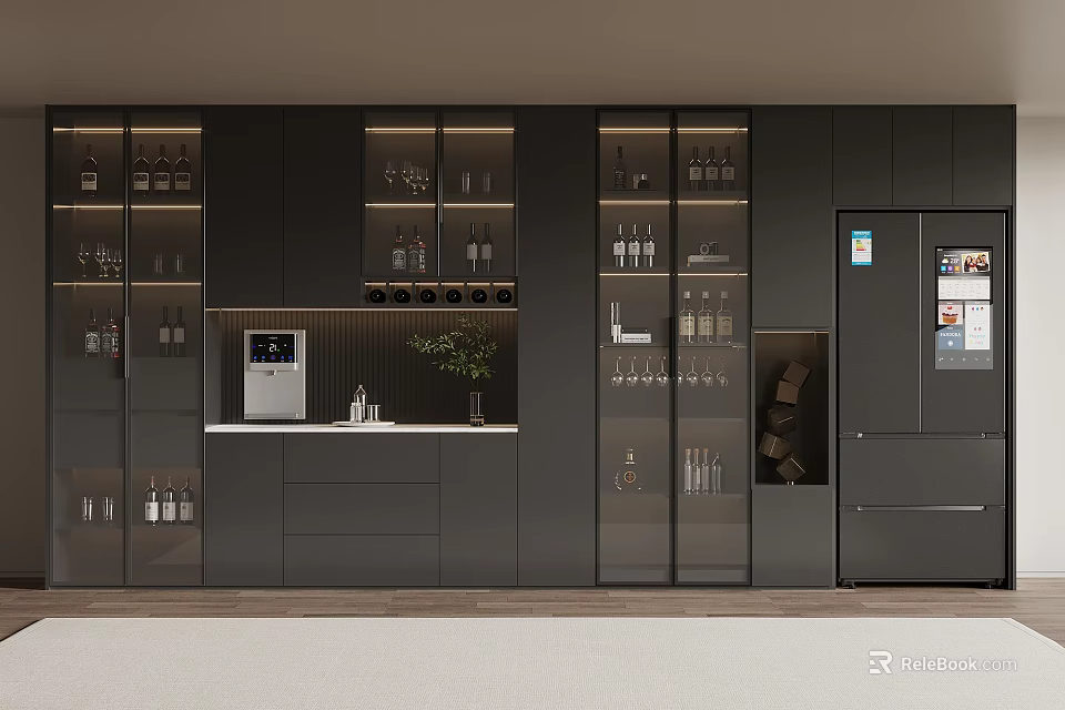 Modern Black Wine Cabinet With Glass Doors For Kitchen Storage And 3d model 