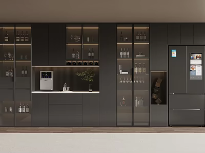Modern Black Wine Cabinet With Glass Doors For Kitchen Storage And 3d model