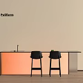 Modern Kitchen Interior With Orange Island Counter And Two Black Stools 3d model