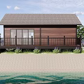 Wooden Gabled Roof Cabin With Large Windows Purple Flowers And Wooden Deck