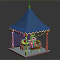Blue Decorative Tent With Gold Trim Wooden Pillars Table Chairs And Books In Cozy Setting