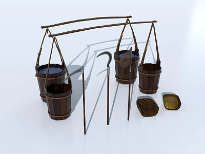 Traditional Agricultural Equipment Including Wooden Shoulder Pole Buckets Sickle Hoe And Soil 3d model