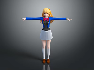 Anime Style Game Movie Character With Blonde Hair Blue Coat White Skirt And Outstretched Arms 3d model