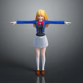 Anime Style Game Movie Character With Blonde Hair Blue Coat White Skirt And Outstretched Arms