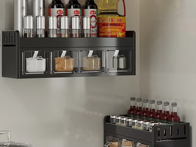 Spice Jars Organized On Wall Mounted Kitchen Storage Rack For Modern Home 3d model