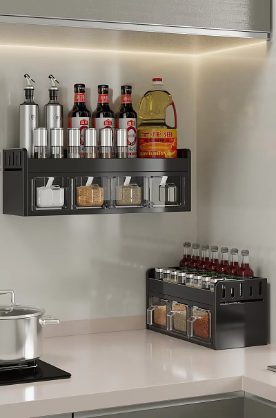 Spice Jars Organized On Wall Mounted Kitchen Storage Rack For Modern Home 3d model