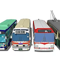 Various Types and Colors of Vintage and Modern Buses Including Tram in