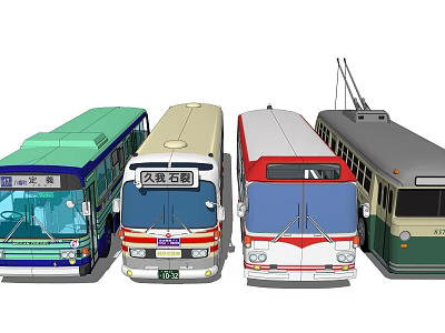 Various Types and Colors of Vintage and Modern Buses Including Tram in 3d model