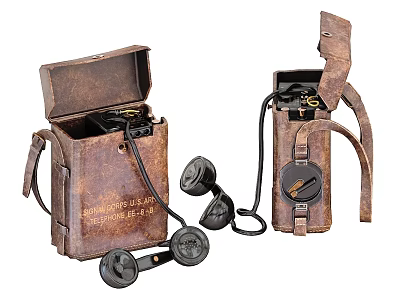 Antique Vintage Portable Communication Device With Leather Case Headphones And Knobs 3d model