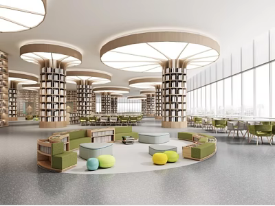 School Library Interior With Circular Pendant Lights Bookshelves Green Seats Circular Seating Area And Large Windows 3d model