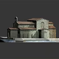 Detailed Architectural Model of Historical Stone Building With Red Tiled Roofs and White Display Base