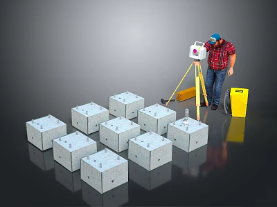 Precast Concrete Blocks On Construction Site With Surveying Equipment Tripod And Worker 3d model